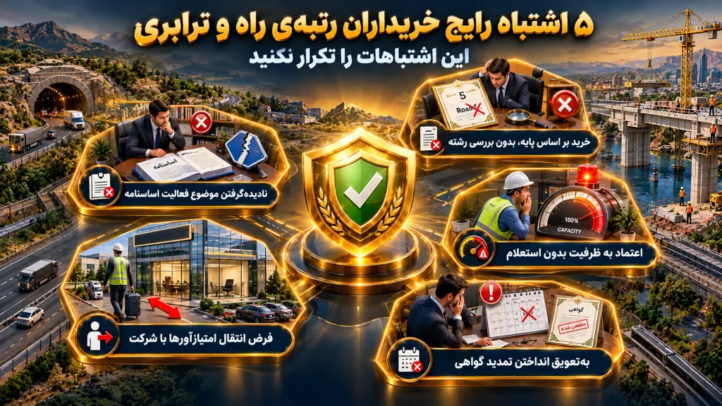 خرید و فروش شرکت رتبه راه و ترابری ۱۴۰۵ 5 اینفوگرافیک ۵ اشتباه رایج خریداران رتبهی راه و ترابری شامل: خرید بر اساس پایه بدون بررسی رشته، نادیدهگرفتن موضوع فعالیت اساسنامه، اعتماد به ظرفیت بدون استعلام، فرض انتقال امتیازآورها با شرکت، و بهتعویقانداختن تمدید گواهی.