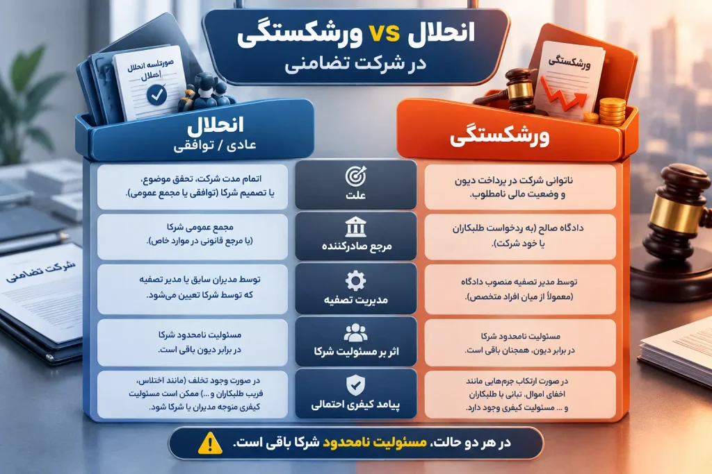 انحلال شرکت تضامنی؛ مسئولیت نامحدود شرکا بعد از انحلال و رویه قضایی ۱۴۰۵ 3 انحلال درمقابل ورشکستگی در شرکت تضامنی