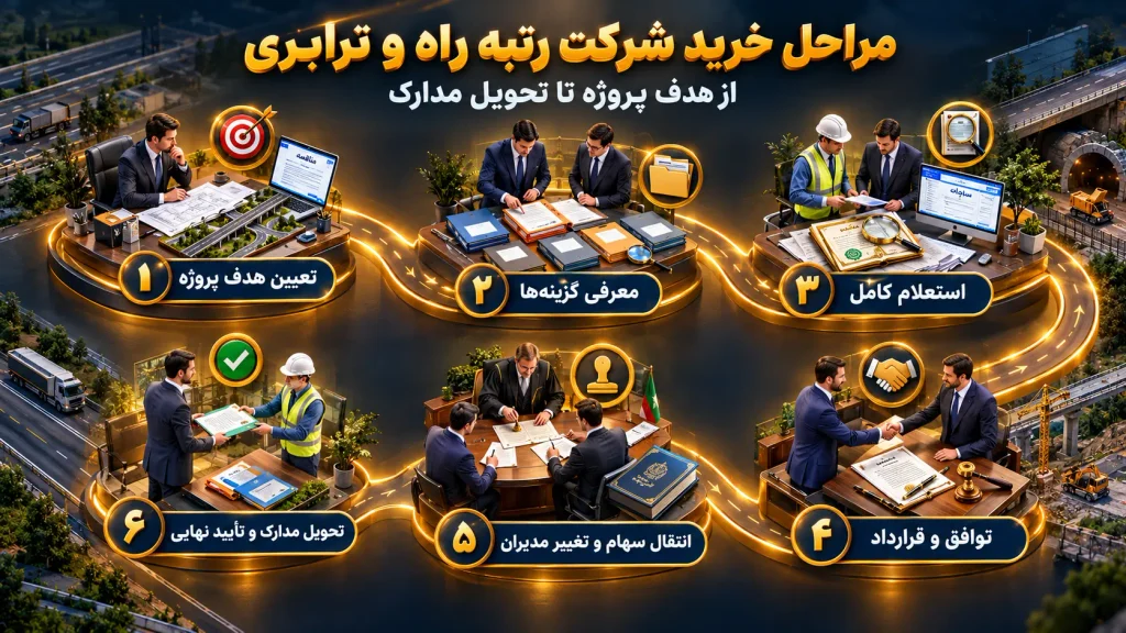 خرید و فروش شرکت رتبه راه و ترابری ۱۴۰۵ 3 مراحل خرید شرکت رتبه راه و ترابری؛ از هدف پروژه تا تحویل مدارک