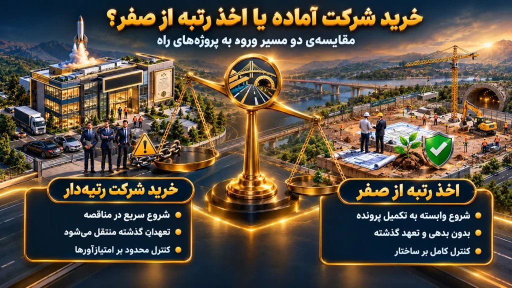 خرید و فروش شرکت رتبه راه و ترابری ۱۴۰۵ 4 خرید شرکت آماده یا اخذ رتبه از صفر؛ کدام برای شما منطقیتر است؟