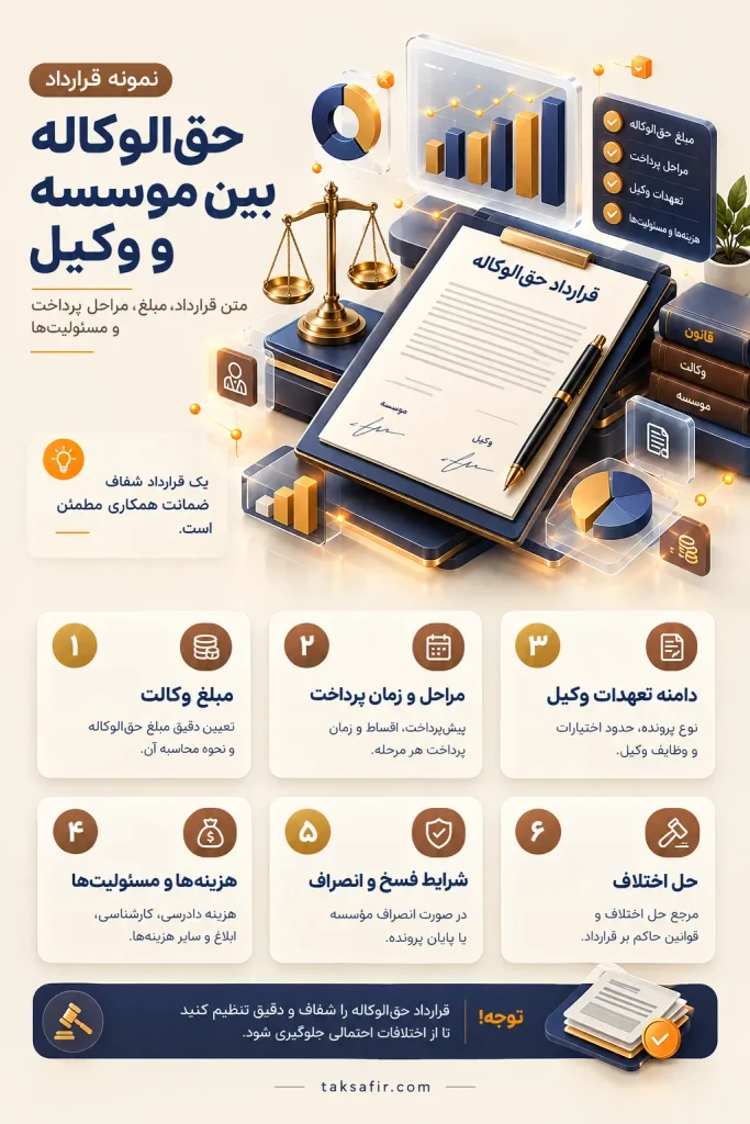 نمونه قرارداد حقالوکاله بین موسسه و وکیل | متن قرارداد 2 نمونه قرارداد حقالوکاله بین موسسه و وکیل