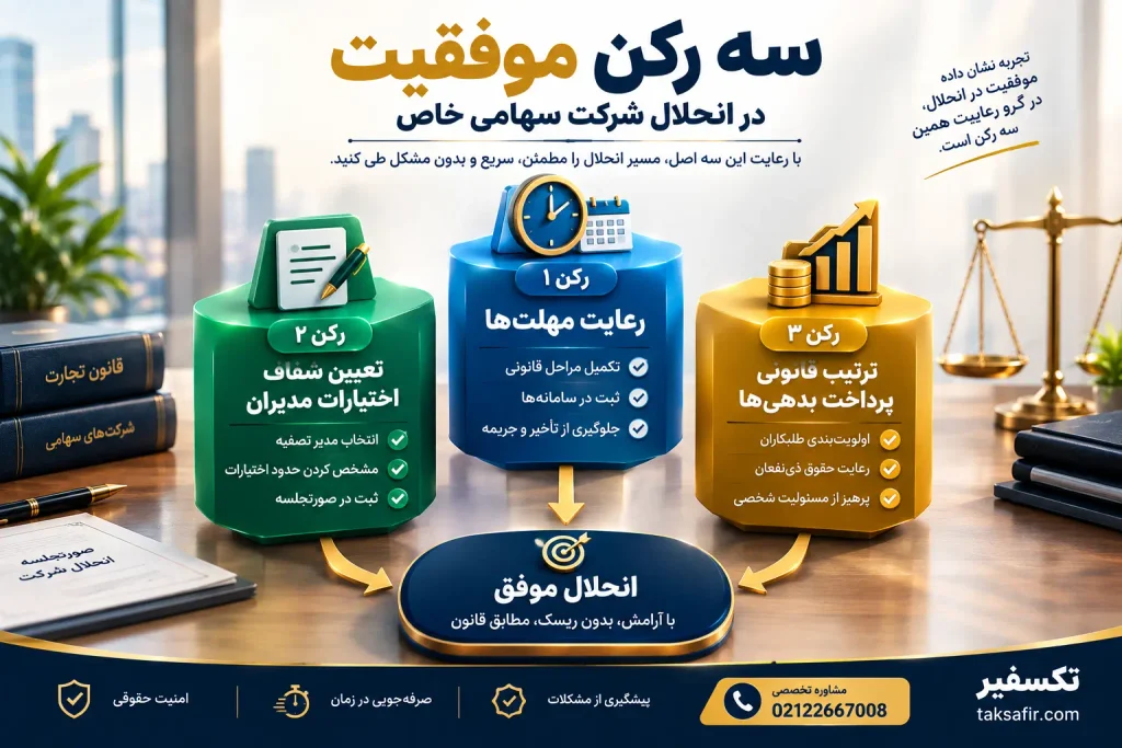 انحلال شرکت سهامی خاص؛ تشریفات مجمع، اولویت بدهیها و دادخواست انحلال ۱۴۰۵ 4 سه رکن اصلی موفقیت در انحلال شرکت سهامی خاص