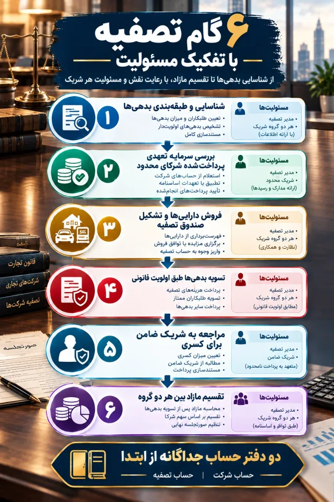 انحلال شرکت مختلط غیرسهامی ۱۴۰۵ | تفکیک مسئولیت شریک ضامن و محدود 3 مراحل عملی تصفیه با در نظر گرفتن تفکیک مسئولیت (خلاصه اجرایی)