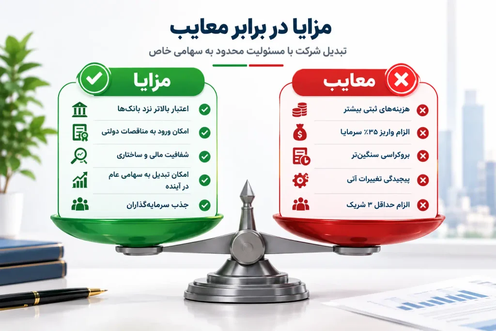 تبدیل شرکت با مسئولیت محدود به سهامی خاص در ۱۴۰۵ 5 تبدیل مسئولیت محدود به سهامی خاص
معایب و ریسکهای تبدیل شرکت مسئولیت محدود به سهامی خاص
تبدیل شرکت مسئولیت محدود به سهامی خاص