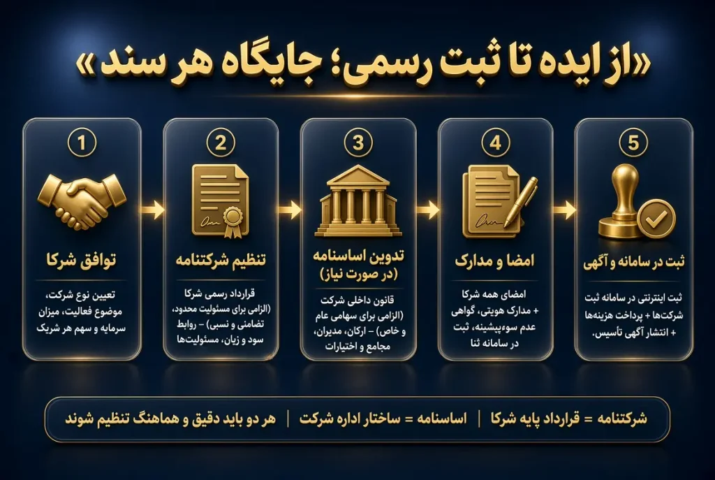 شرکتنامه چیست و چه تفاوتی با اساسنامه شرکت دارد 3 از ایده تا ثبت رسمی جایگاه هر سند