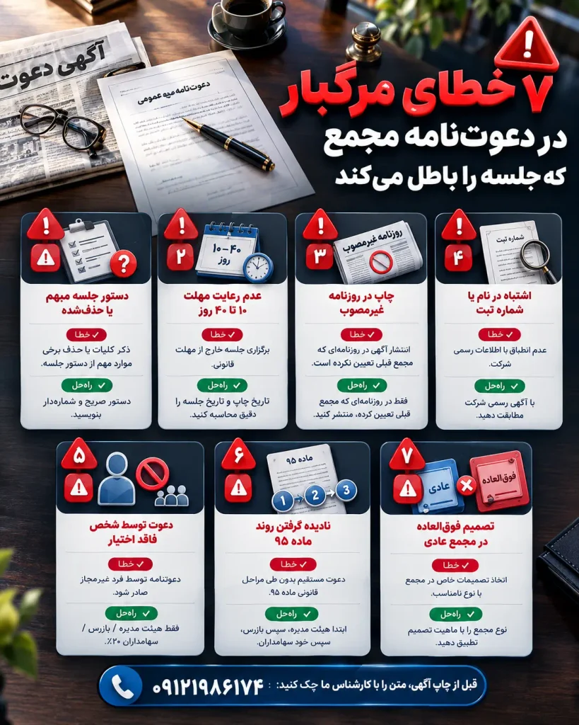 دعوتنامه مجمع عمومی عادی و فوقالعاده؛ متن آماده، مهلت قانونی و اشتباهاتی که جلسه را باطل میکند (بهروز ۱۴۰۵) 3 اشتباهات رایج در دعوتنامه مجمع عمومی
متن دعوت به مجمع عمومی ساختمان
دعوت مجمع توسط بازرسان شرکت