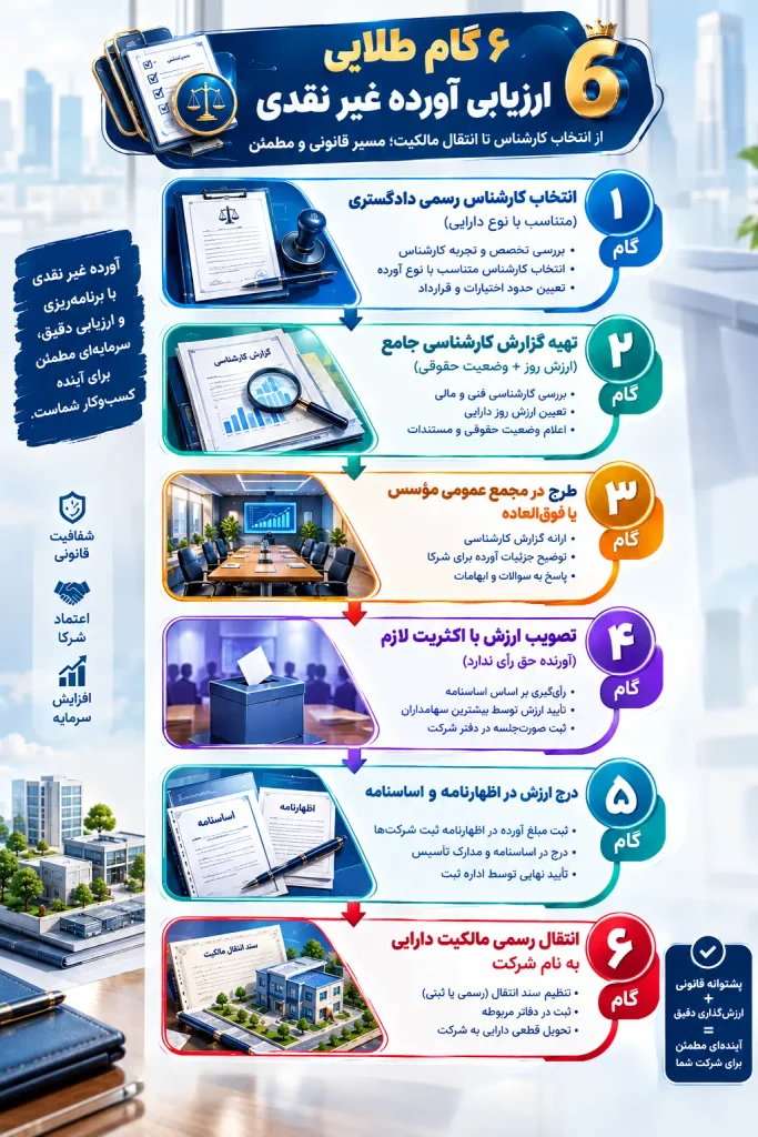 آورده غیر نقدی چیست؟ راهنمای کامل انواع آن در شرکتهای تجاری (بهروز ۱۴۰۵) 4 6 گام طلایی ارزیابی آورده نقدی