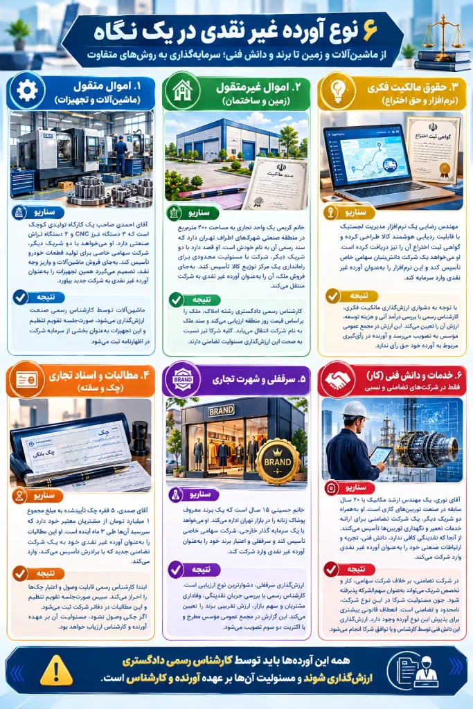 آورده غیر نقدی چیست؟ راهنمای کامل انواع آن در شرکتهای تجاری (بهروز ۱۴۰۵) 2 6 نوع آورده غیر نقدی در یک نگاه
از ماشین آلات و زمین تا برند و دانش فنی سرمایه گذاری به روش های متفاوت