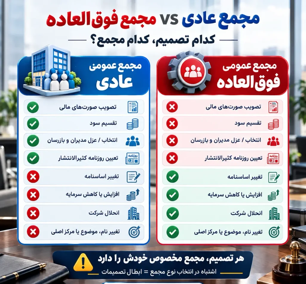 دعوتنامه مجمع عمومی عادی و فوقالعاده؛ متن آماده، مهلت قانونی و اشتباهاتی که جلسه را باطل میکند (بهروز ۱۴۰۵) 2 دعوت مجمع توسط بازرسان شرکت
مجمع عادی، فوقالعاده و «عادی بطور فوقالعاده»؛ کدام را دعوت کنیم؟