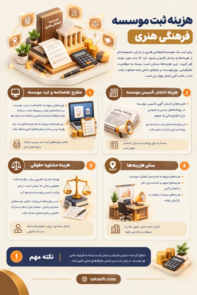 ثبت موسسه فرهنگی هنری | مراحل ثبت، شرایط و مدارک لازم 7 persian infographic institutional registration costs