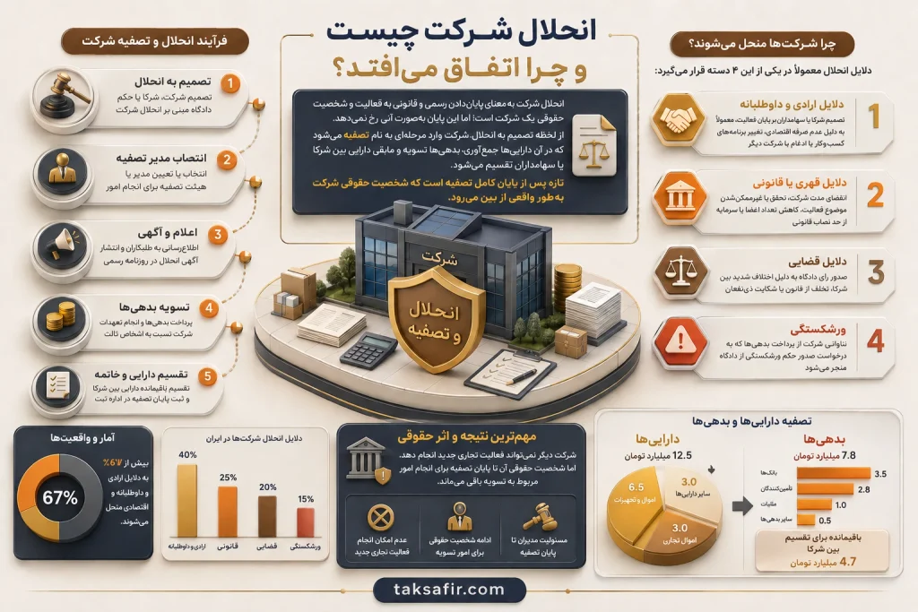 انحلال شرکت | راهنمای مراحل قانونی و ثبت صورتجلسه 2 persian company dissolution infographic